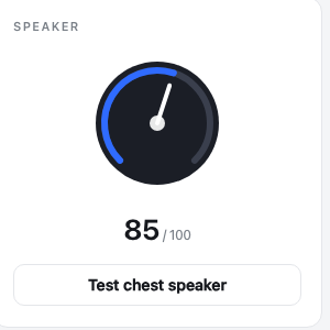 The speaker panel from Voice Studio: a circular volume dial reading 85 out of 100, above a Test chest speaker button.