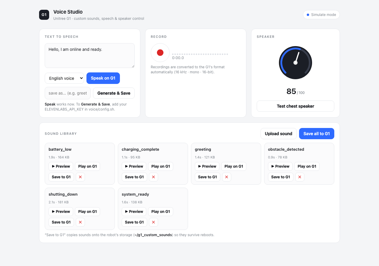 The Voice Studio web interface: a text to speech panel, a recorder, a speaker volume control, and a sound library of clips that can be previewed locally, played on the robot, or copied to the robot&rsquo;s storage.